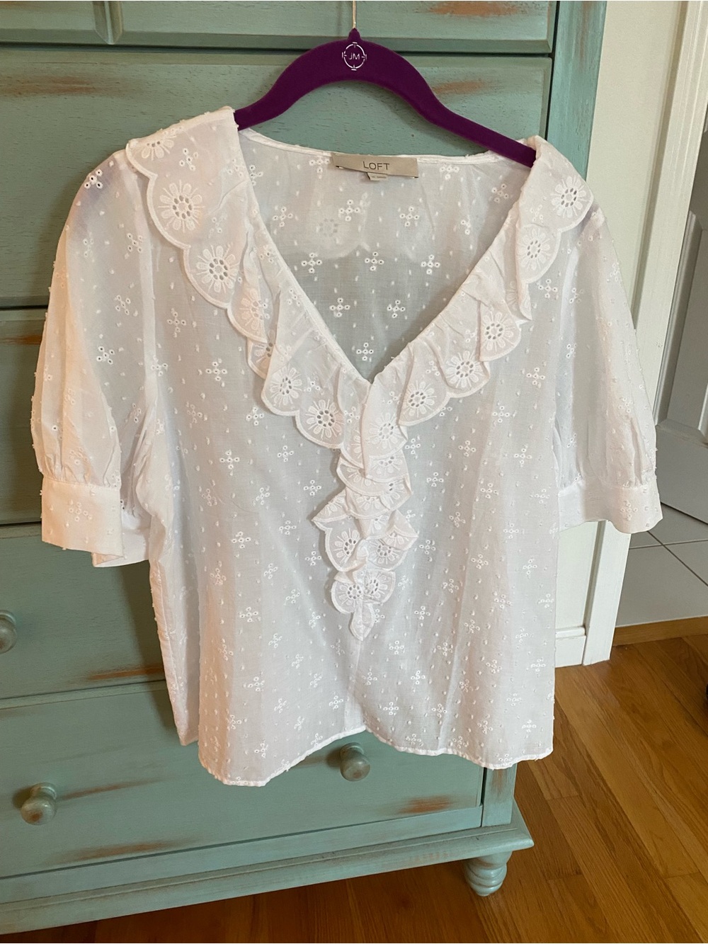 LOFT White Eyelet V-Neck Ruffle Blouse